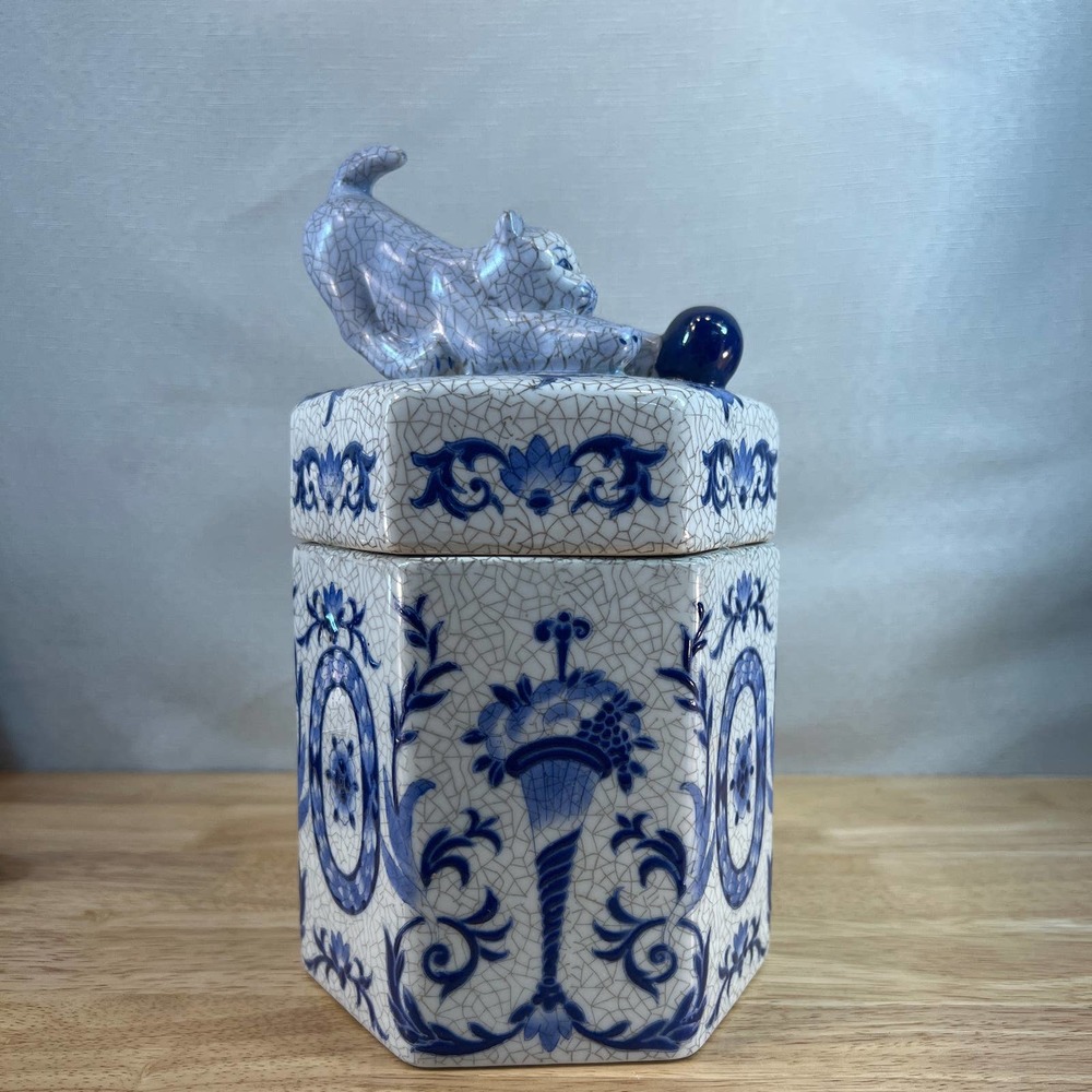 Asian Hand Painted Porcelain Hexagonal Cat Vessel